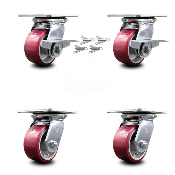 Service Caster 4 Inch Poly on Aluminum Caster Set with Roller Bearing 4 Swivel Lock and 2 Brake SCC-35S420-PAR-SLB-BSL-2-BSL-2 - main